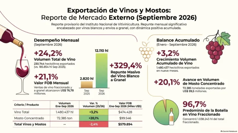 Retroceso en el mercado externo: las exportaciones de vinos tintos fraccionados cayeron un 3,8% en los primeros nueve meses de 2026