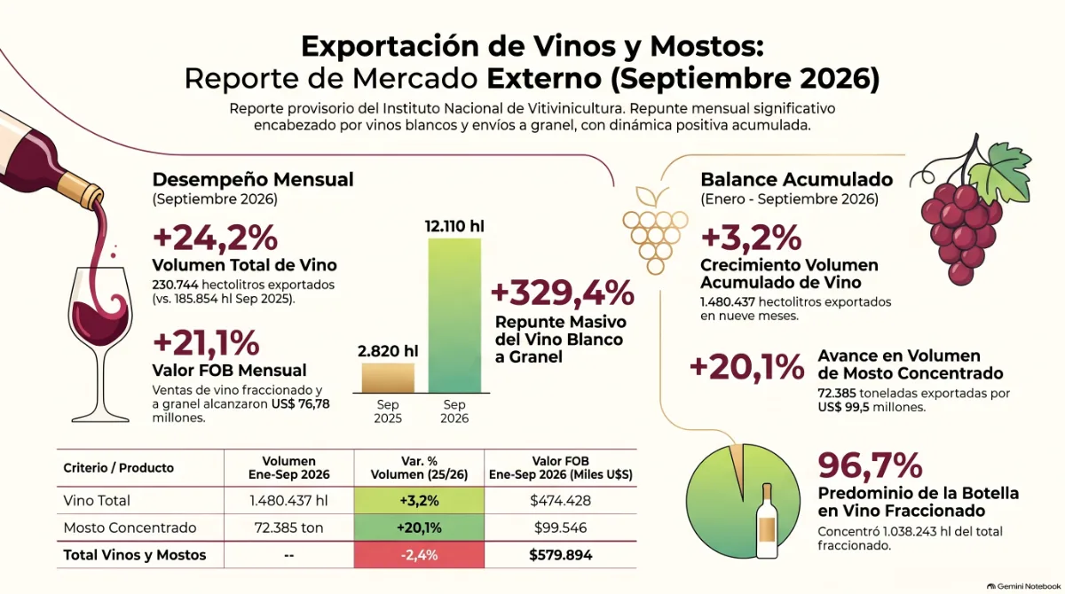 Retroceso en el mercado externo: las exportaciones de vinos tintos fraccionados cayeron un 3,8% en los primeros nueve meses de 2026